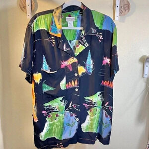 Vtg Coldwater Creek Button Shirt Black Multi Wildlife Art to Wear Sz PL Petite